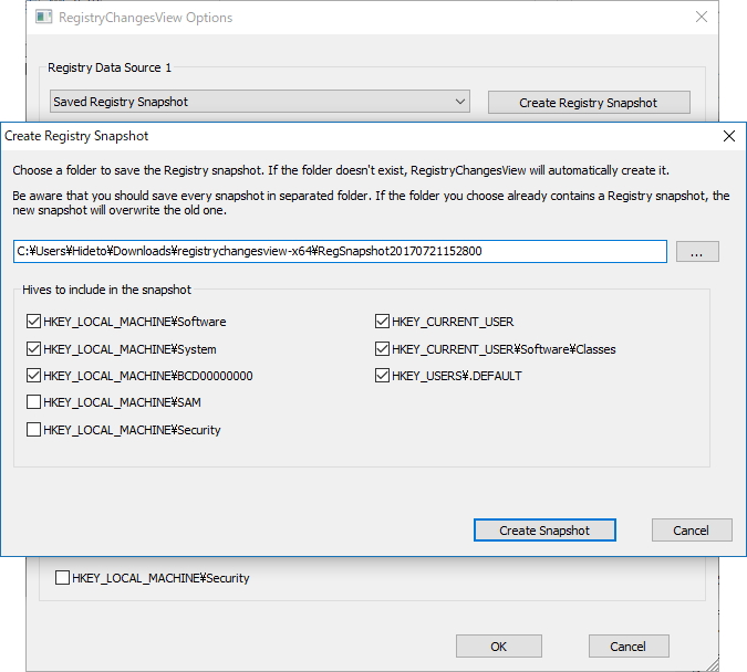 ［RegistryChangesView Options］ダイアログ。スナップショットの作成も可能