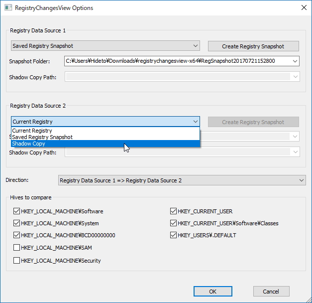 現在のレジストリ、スナップショット、シャドウ コピーを比較ソースとして選択可能