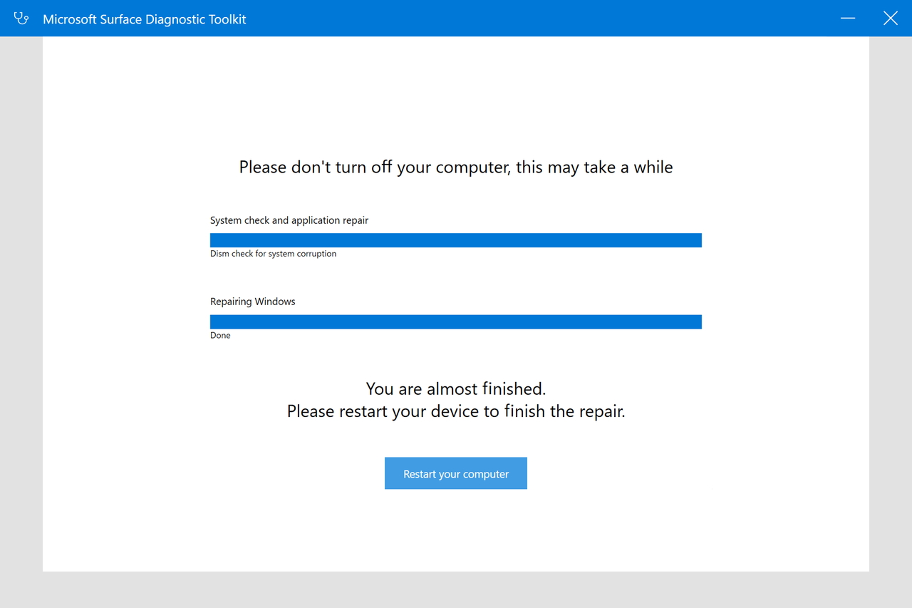 システムのチェックとアプリケーションの修復、そしてOSの修復が自動で行われる。完了後はOSの再起動が必要