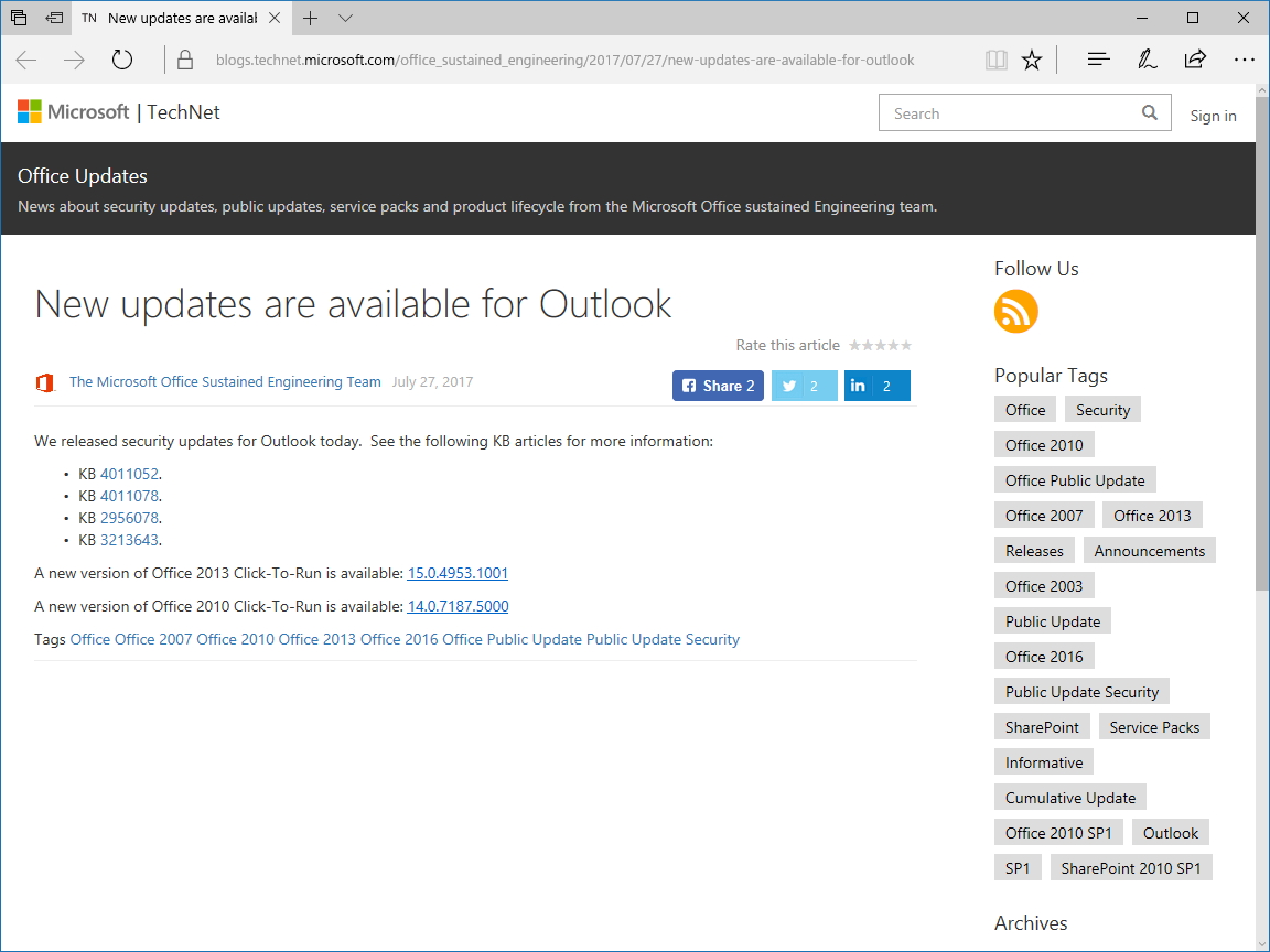 公式ブログ“Office Updates”によるアナウンス