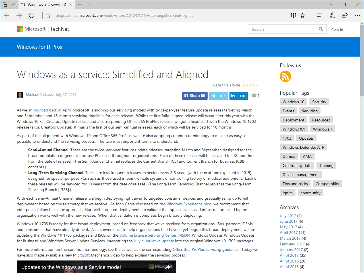 「Windows 10 November Update（バージョン 1511）」のサポート終了日に言及した公式ブログ“Windows for IT Pros”の記事