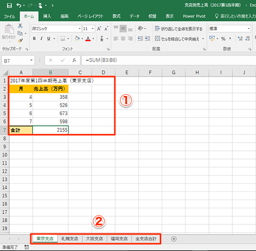 Excel 支店ごとに分けられた売上高シートの計算は面倒 フォーマットが同じエクセルシートの集計テク いまさら聞けないexcelの使い方講座 窓の杜