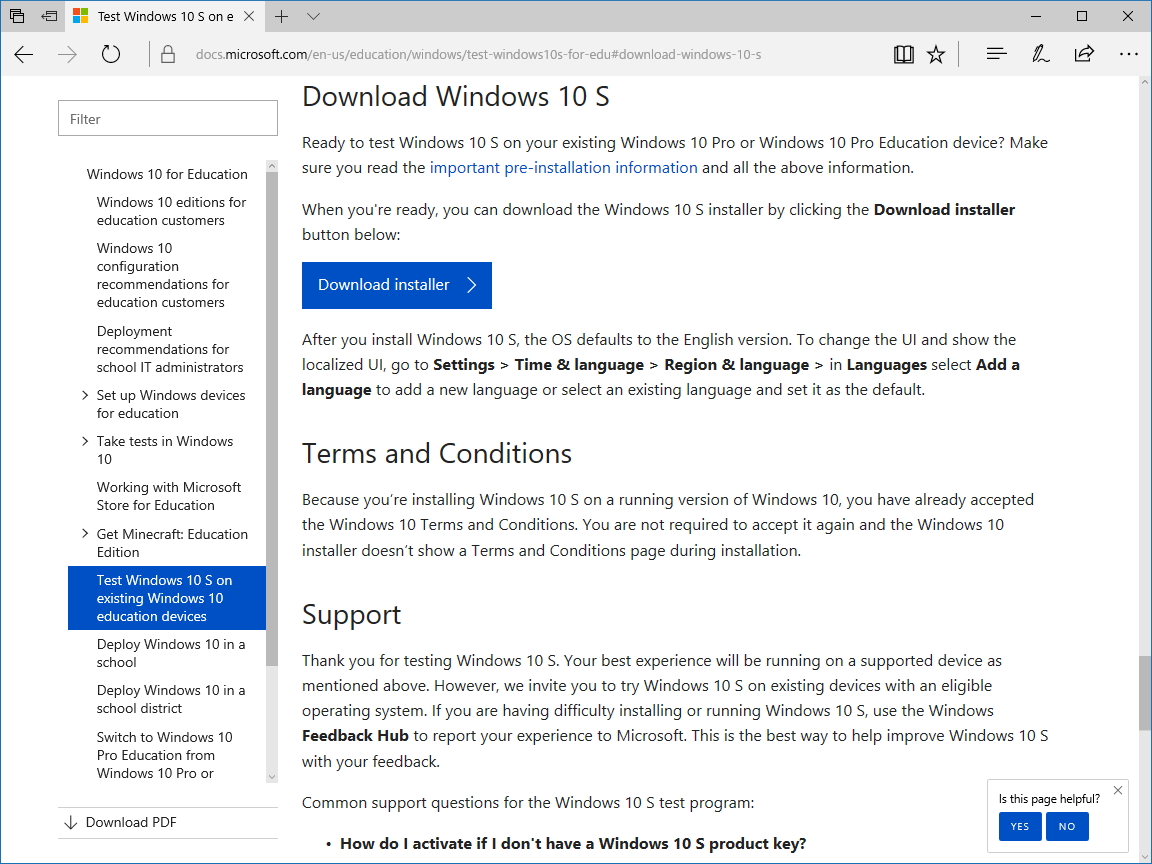 「Windows 10 S」インストーラーのダウンロードページ