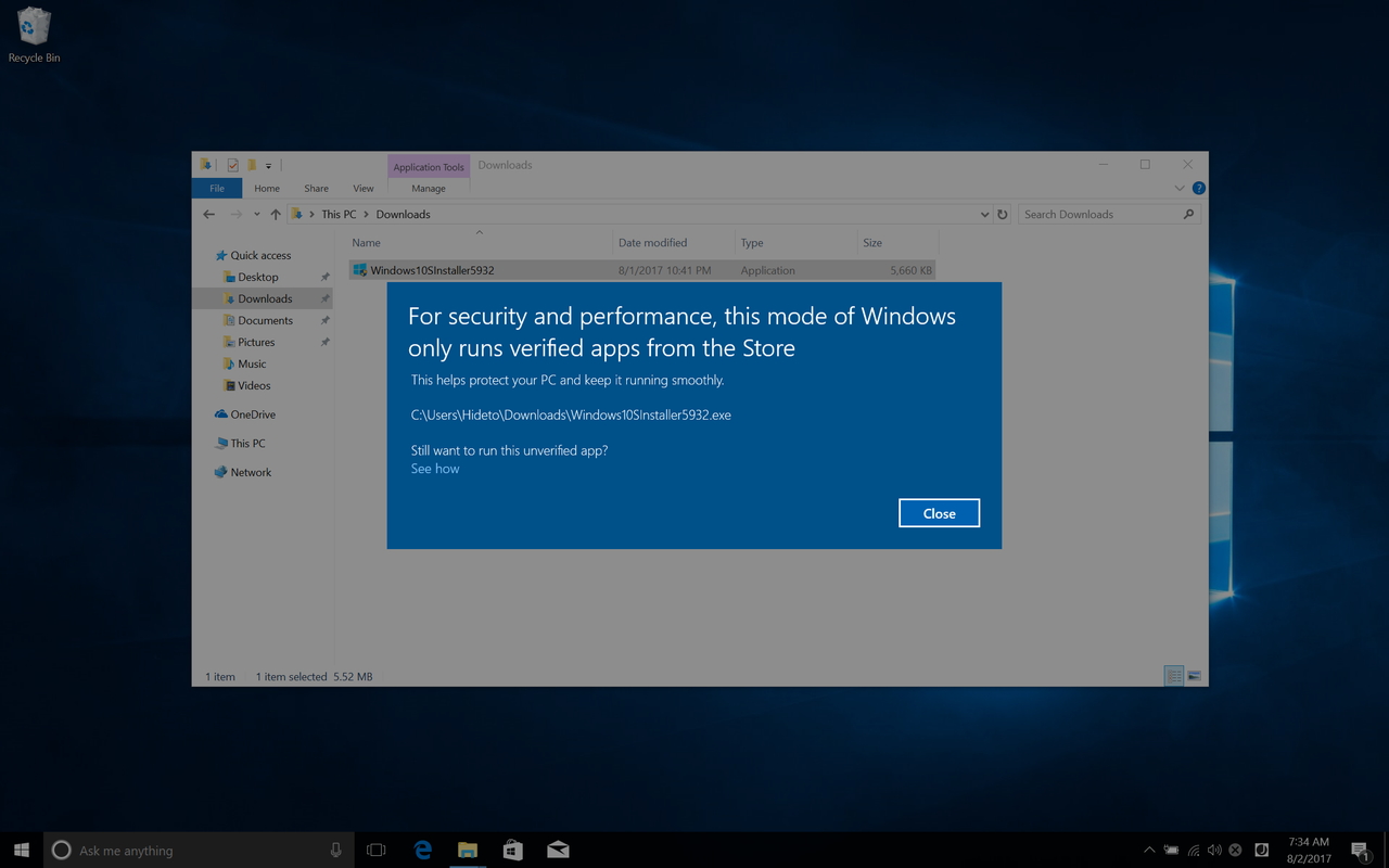 “ストア”以外から入手したアプリの実行を実行すると、ブロックされる