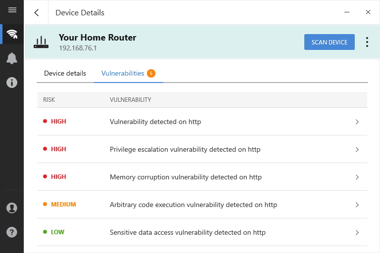「Bitdefender Home Scanner」によって検出されたセキュリティリスク
