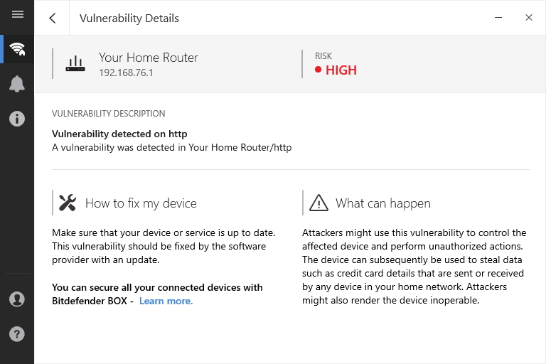 「Bitdefender Home Scanner」によって検出されたセキュリティリスク