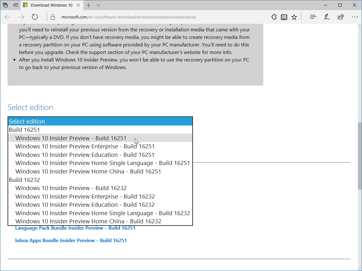 PC版「Windows 10 Insider Preview」Build 16251のISOイメージファイル