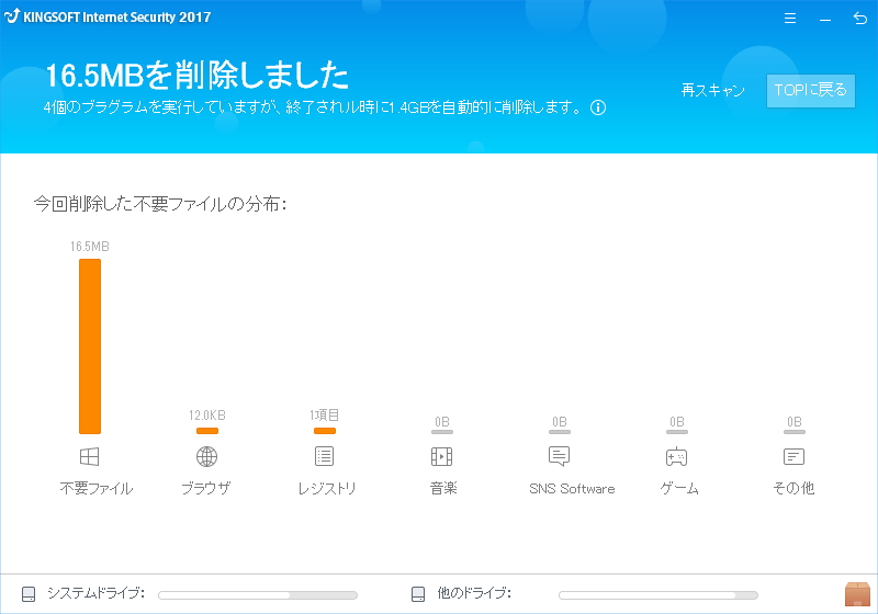 画面下のアイコンから個別機能にアクセス（［不要ファイル］ボタンを選択した様子）。タイトルバー右端の［戻る］ボタンを押せば［ホーム］画面へ戻れる