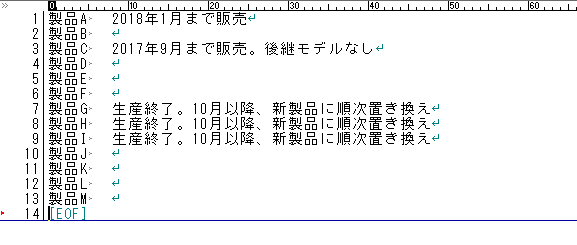 コピーしたセル範囲をエディターに貼り付けました。空白セルは『タブ＋改行』となっていることがわかります