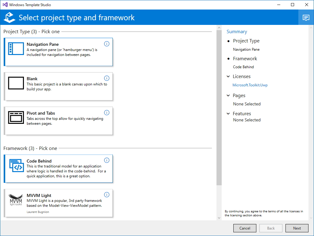 ウィザードの案内に従ってページや機能、フレームワークを追加していくだけで、本格的なアプリケーションの骨格を作り上げることができる