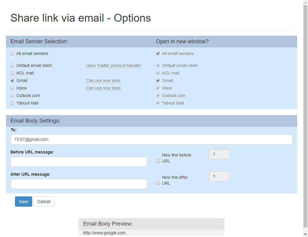 Gmail以外にInbox、Outlook.comなどにも対応するのが強みです。本文に記入されるURLの前後に定型句を入れることもできます
