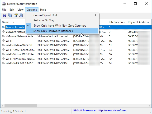 ［Option］メニューで表示するネットワークアダプターをフィルタリング