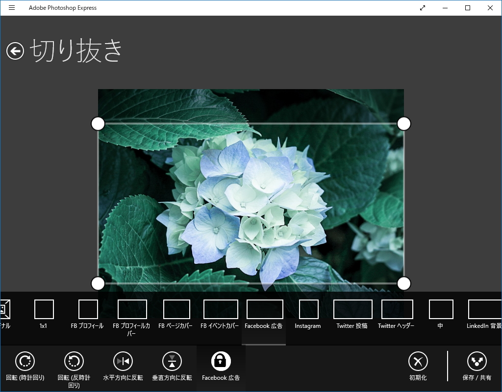 写真の切り抜き機能で有名SNSなどで使われている縦横比がプリセットされる