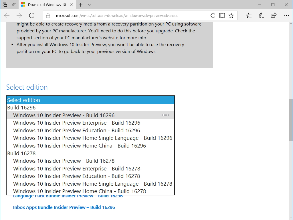 PC版「Windows 10 Insider Preview」Build 16296のISOイメージファイル