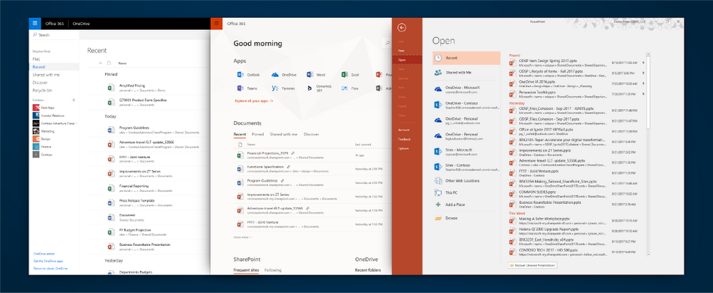 最近利用したファイルを表示するビュー。“OneDrive”、“Office.com”、「Office」アプリでデザインを統一