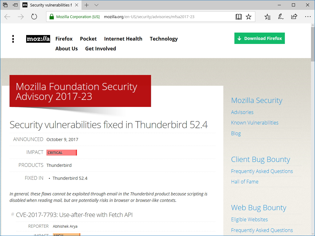 Mozilla Foundationが公開したセキュリティアドバイザリ