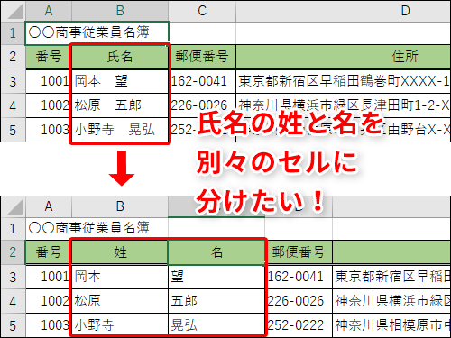 【Excel】1つのセルに入力された氏名の姓と名を別々のセルに分けたい！エクセルで1つのセルを2つのセルに分割するテク