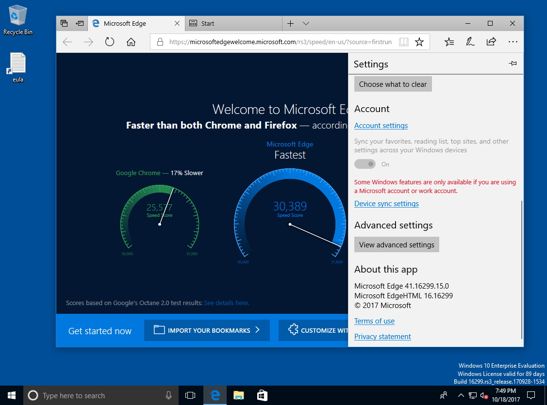 「Windows 10 Fall Creators Update」の最新版「Microsoft Edge」をテストできる評価マシン