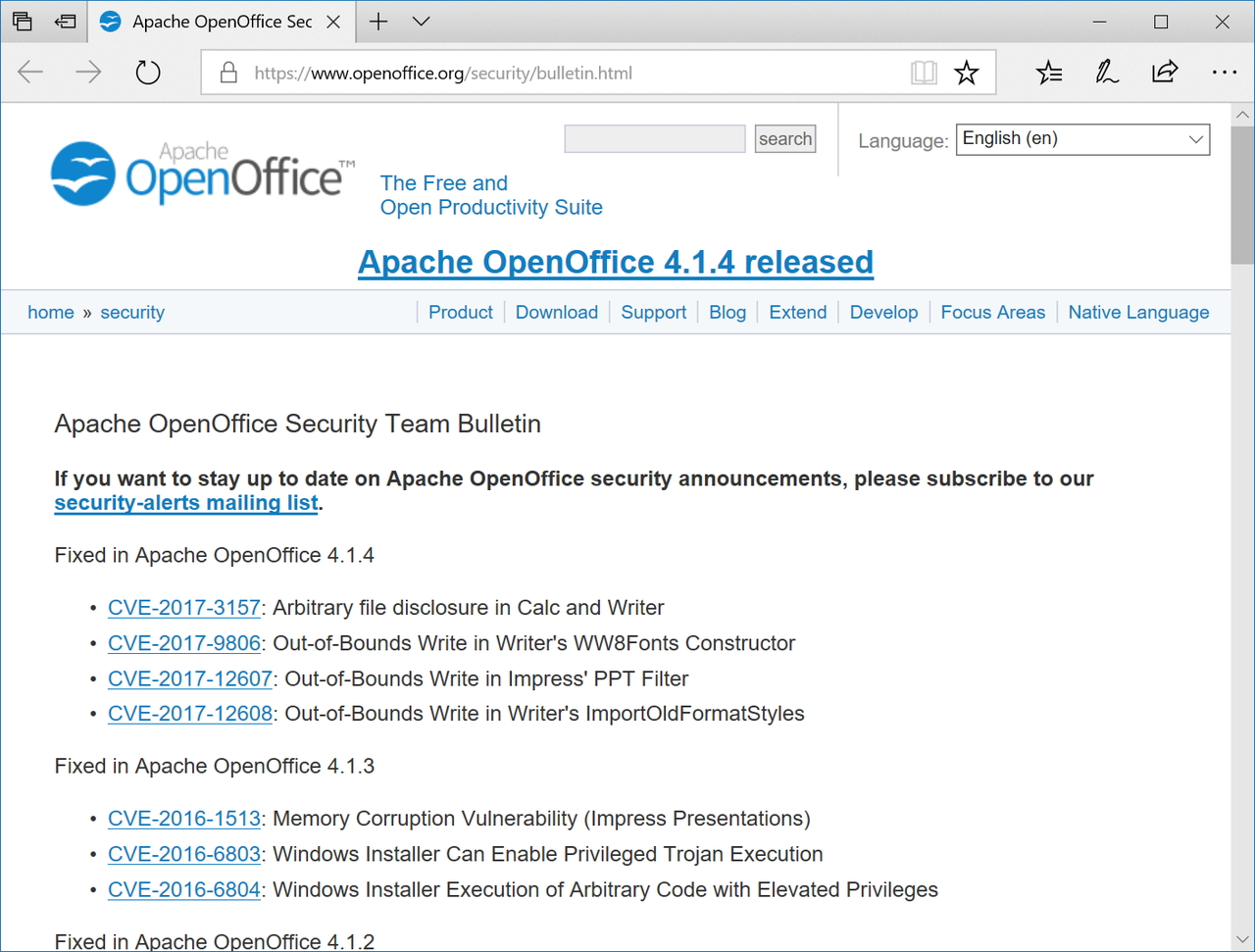 「Apache OpenOffice」のセキュリティ情報ページ