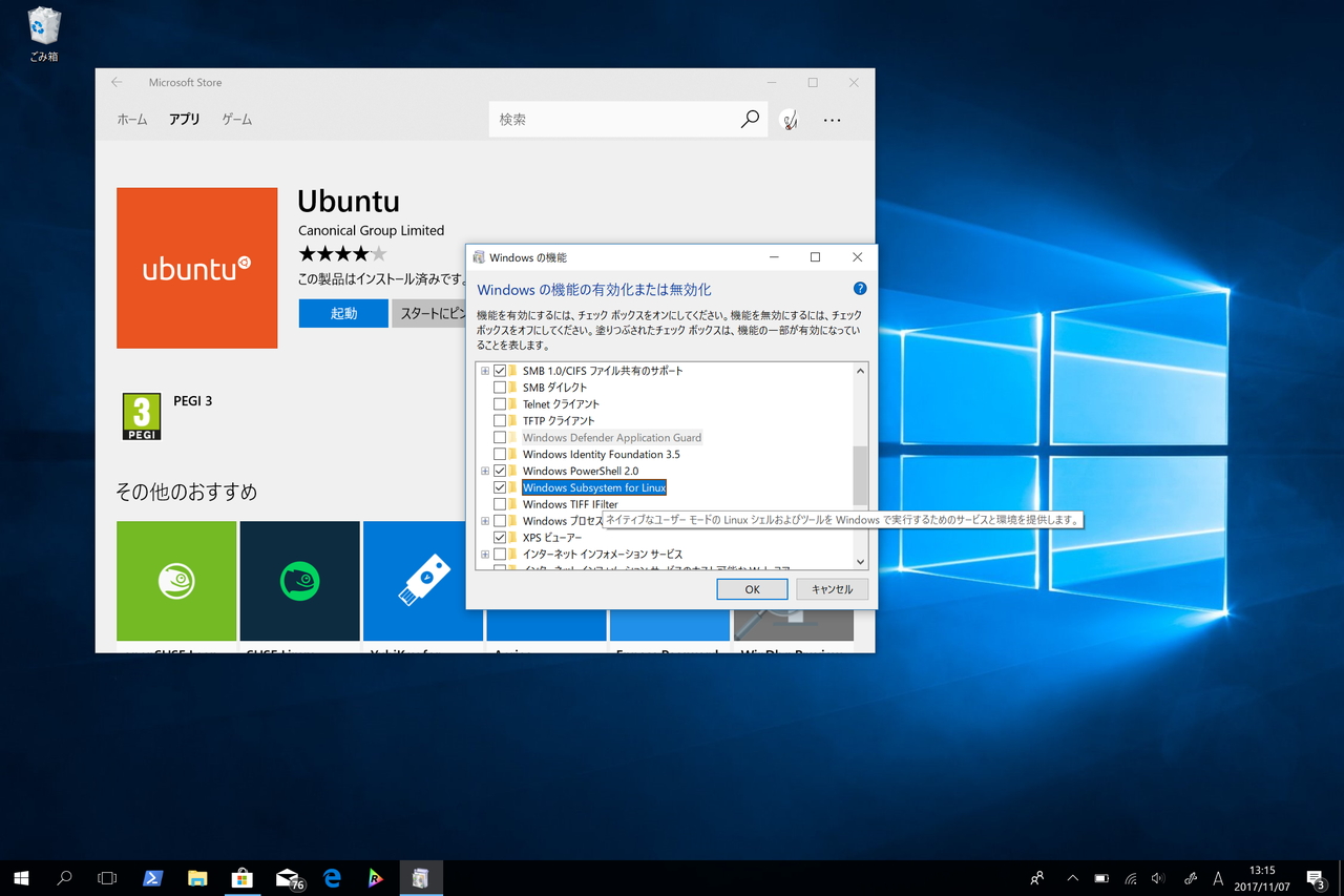 “Windows の機能の有効化または無効化”から“WSL”を有効化（要OSの再起動）