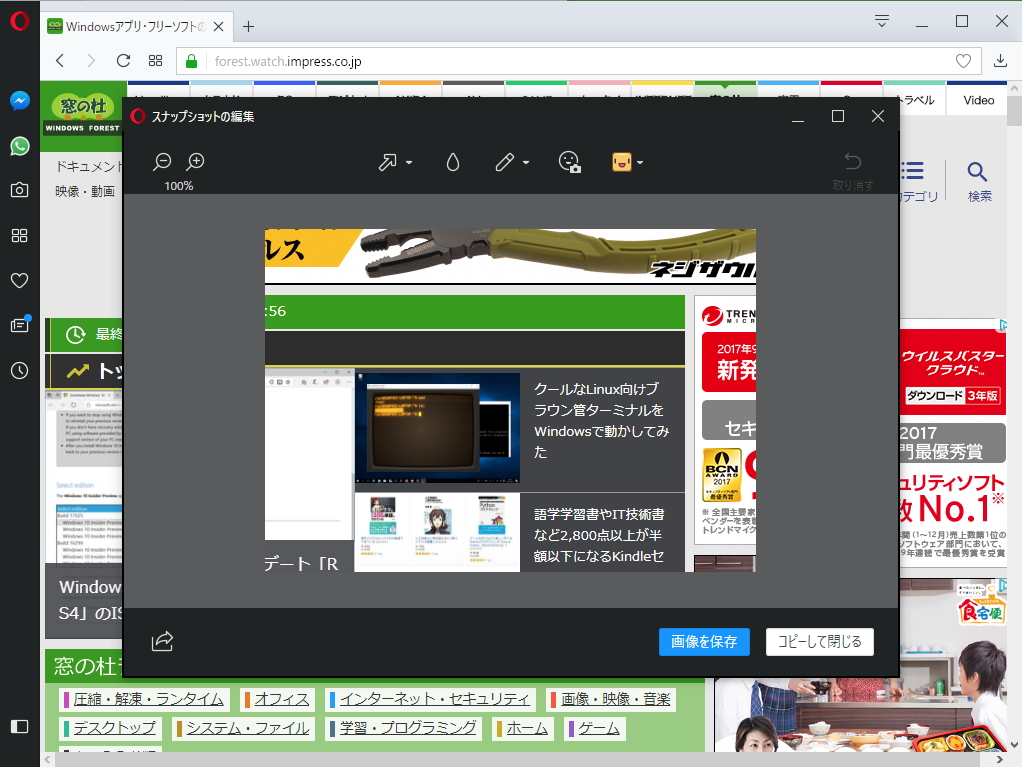 「Opera 49」の新しいスクリーンショットプレビュー画面