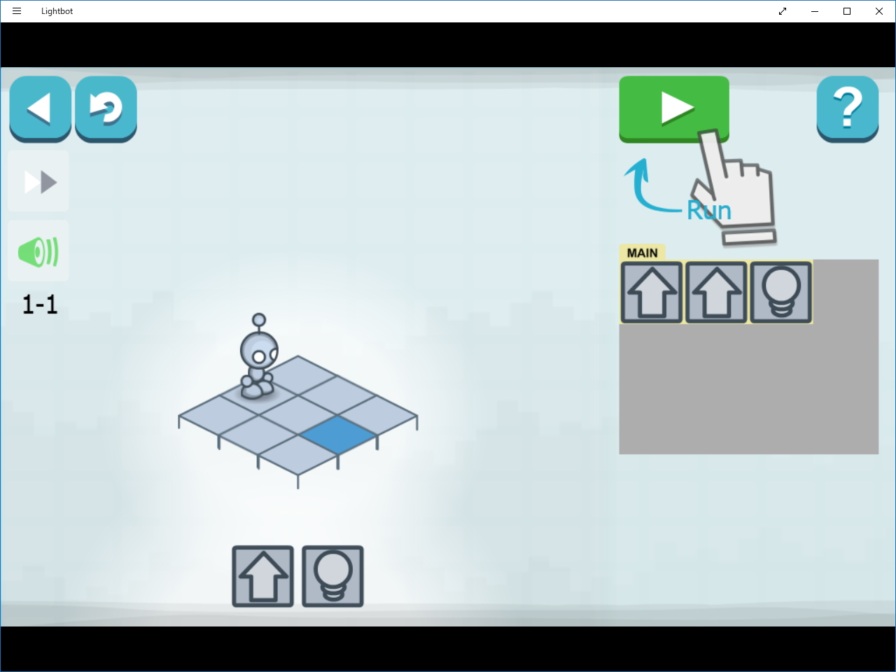 最初のマップ。“前に進む”を2つ、“バルブ”を1つ“スロット”にセットして実行