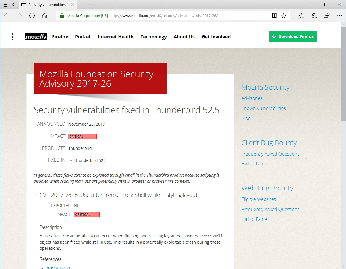 Mozilla Foundationが公開したセキュリティアドバイザリ（MFSA2017-26）