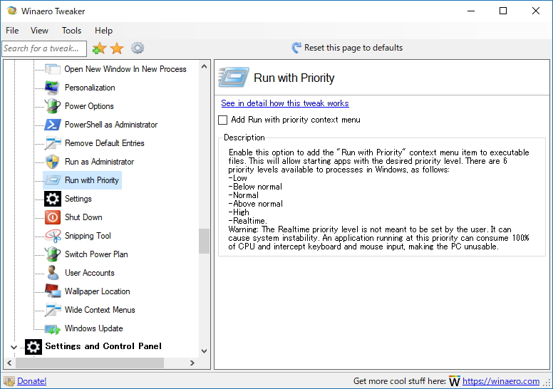 「Winaero Tweaker」の［Context Menu］－［Run with Priority］画面