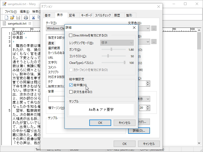［ツール］－［オプション］ダイアログの［表示］タブ。［詳細］ボタンを押すと、“縦中横”の設定が行える