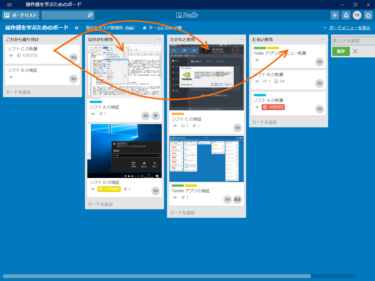 メンバーごとに“リスト”を作成して、担当者の“リスト”へ“カード”（タスク）を振り分けるといった使い方も考えられる