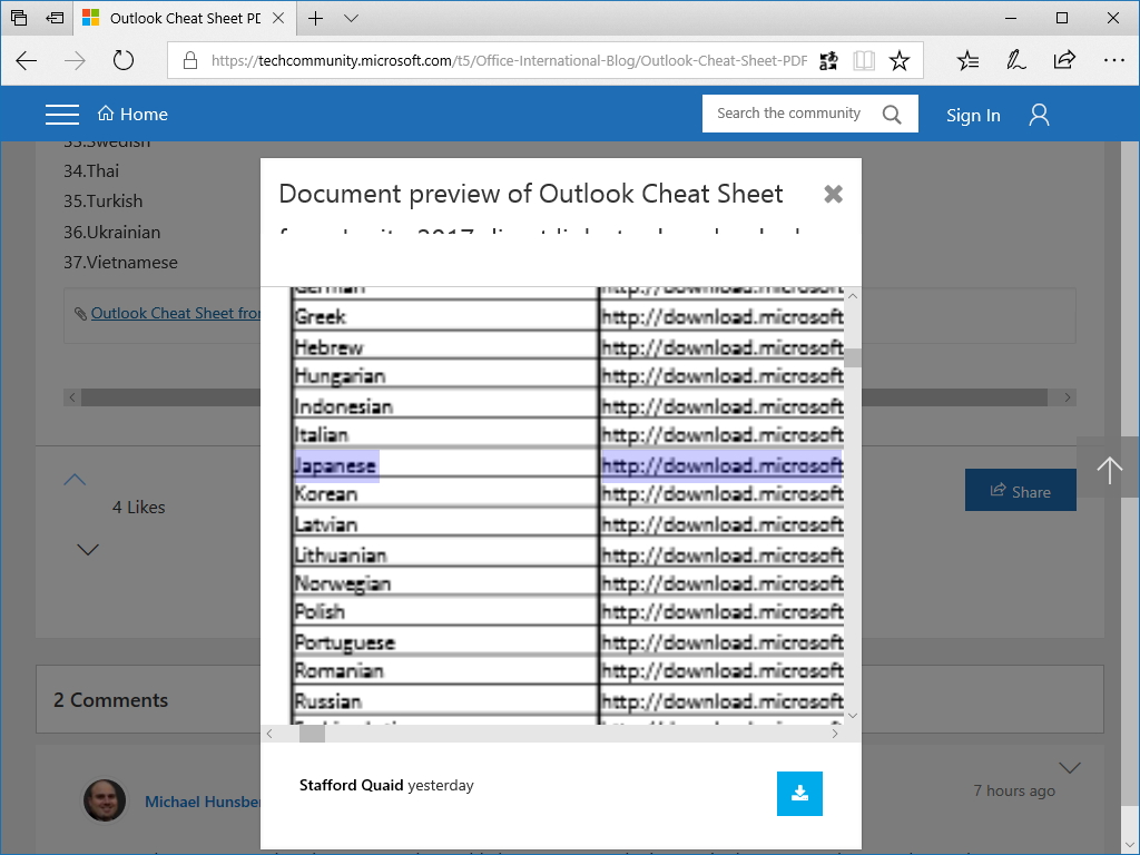 37カ国語版それぞれのダウンロードリンクは“Microsoft Tech Community”の記事から入手できる「Microsoft Excel」スプレッドシートにまとめられている