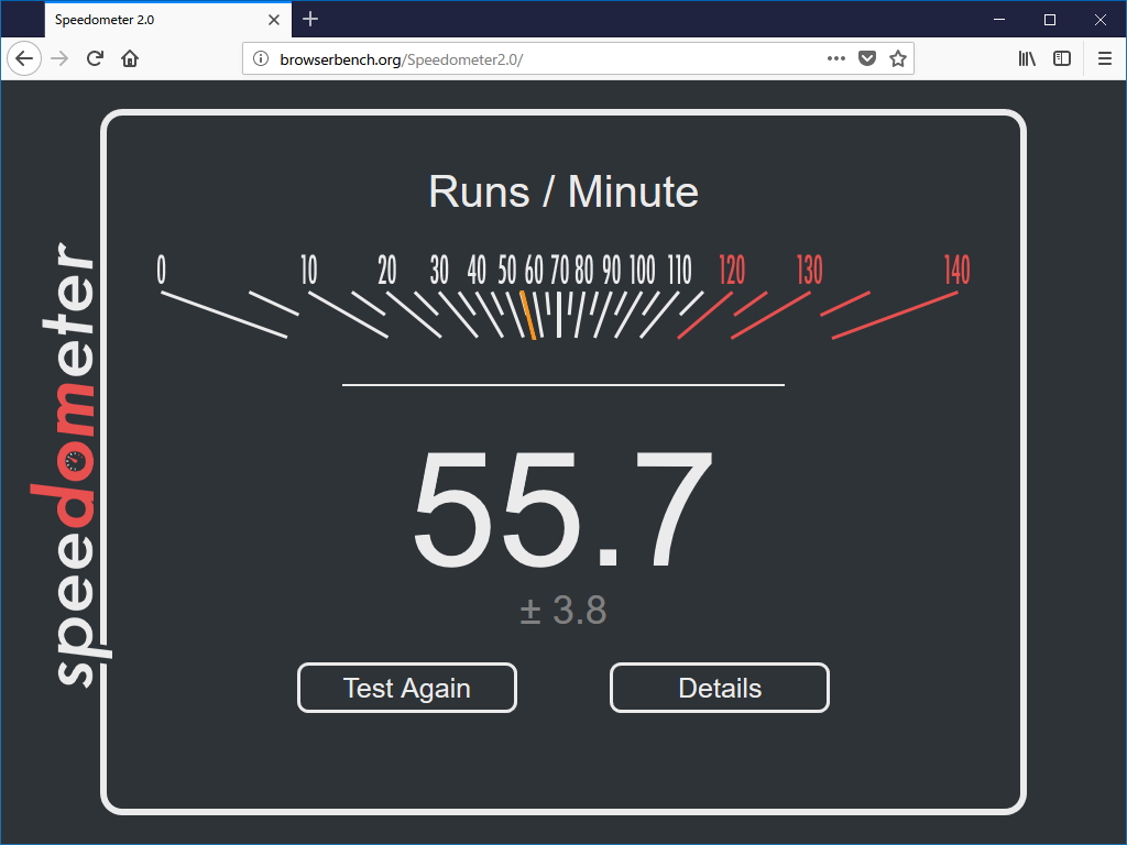 “Speedometer 2.0”を最新安定版「Firefox」でテストした様子