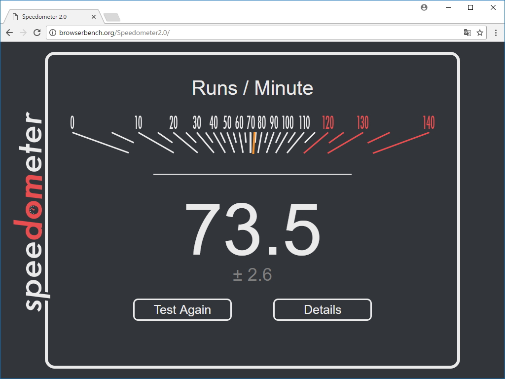 “Speedometer 2.0”を最新安定版「Google Chrome」でテストした様子