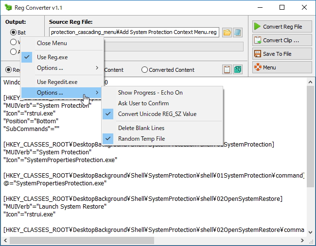 フォーマットは3つから選択可能。コンテキストメニューから詳細な変換オプションを指定することも