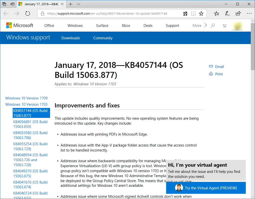 「Windows 10 バージョン 1703」向け更新プログラム「KB4057144」