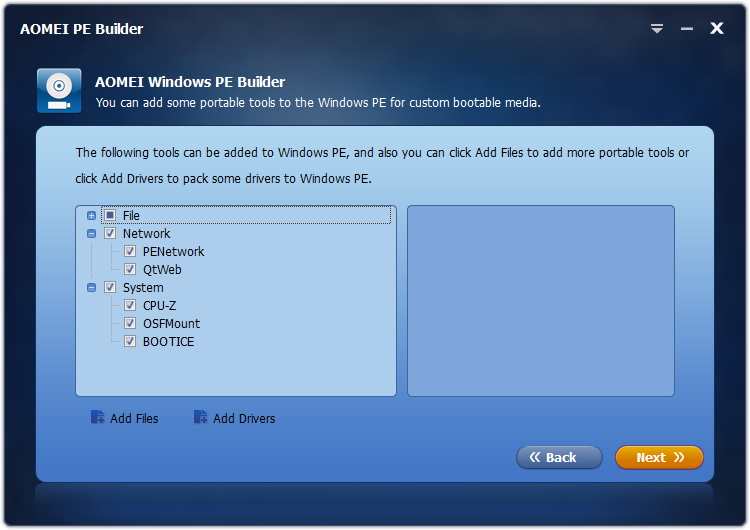 2つ目のステップは、「Windows PE」イメージに追加するシステムユーティリティの選択