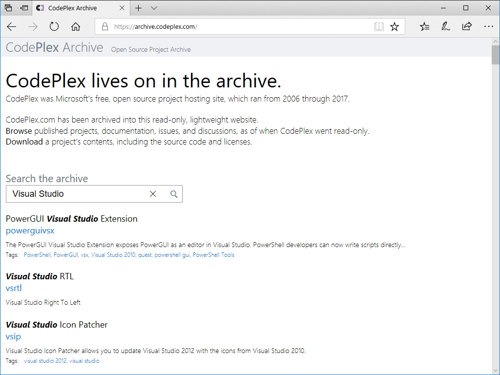 “CodePlex”のアーカイブサイト