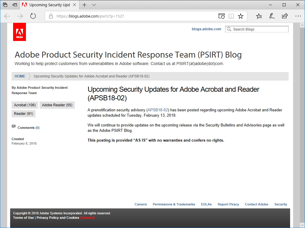公式ブログ“Adobe Product Security Incident Response Team (PSIRT) Blog”
