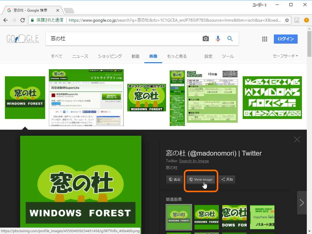 「Google Chrome」に「View Image」を導入した様子。［View image］ボタンが追加される