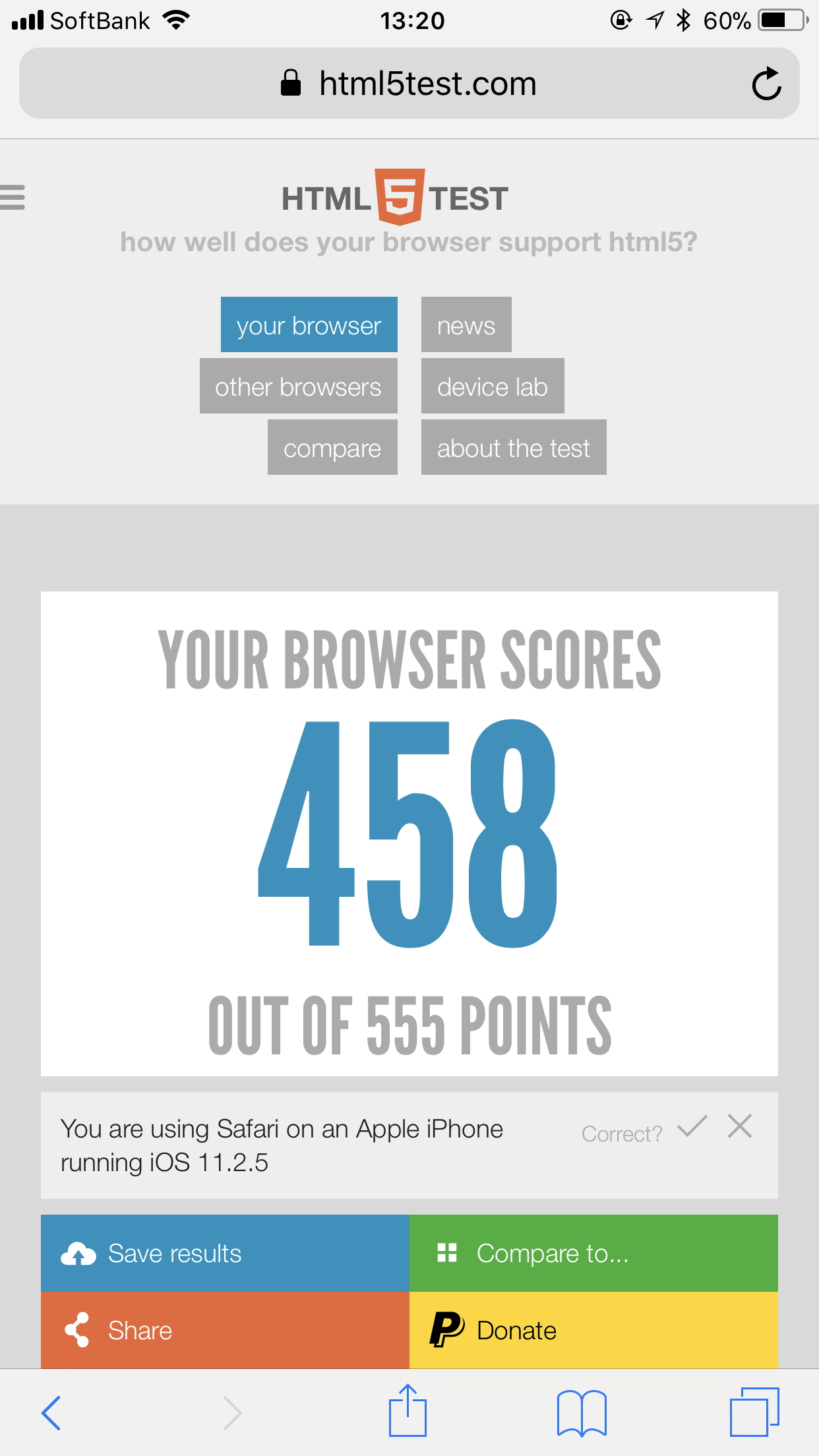 「Safari」の“html5test.com”スコア（参考）