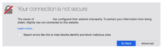 「Firefox 60」からはユーザーにも“信頼できない接続”であるというエラーが表示されるように