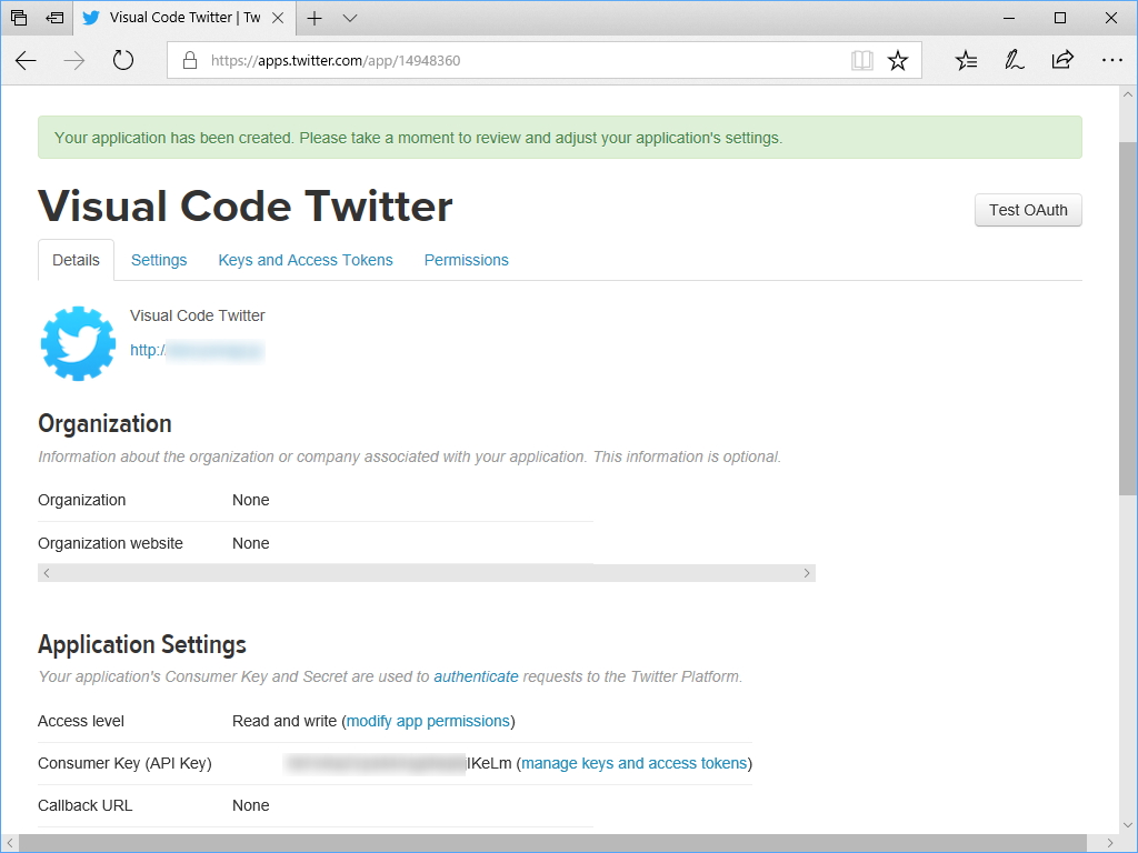 ［Keys and Access Tokens］タブからアクセストークン、アクセストークンシークレット、コンシューマーキー、コンシューマーキーシークレットの4つを取得