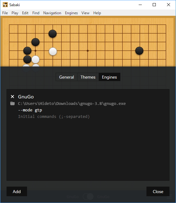 「GNU Go」を登録して対戦する例