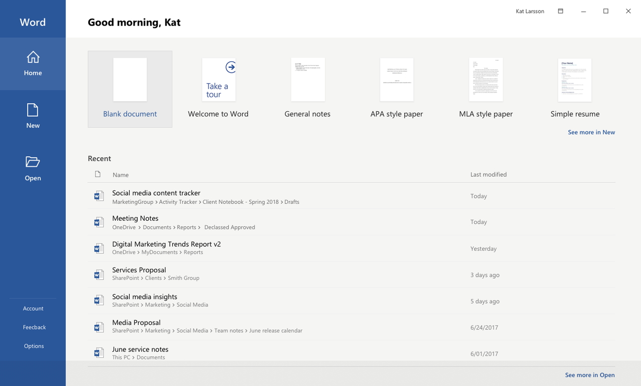 「Microsoft Office」の新しいスタートページ