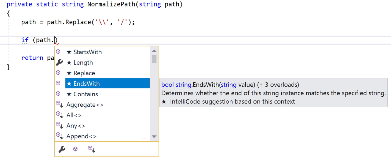 「Visual Studio IntelliCode」（同社ブログより引用）。スターのついた候補が「IntelliCode」によるもの