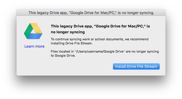 シャットダウン後も古い「Google ドライブ」アプリを利用していると表示される警告ダイアログ
