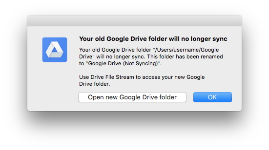 “ドライブ ファイル ストリーム”へログインしたアカウントで古い「Google ドライブ」アプリが利用されていることを検知した場合にも、警告ダイアログが表示される