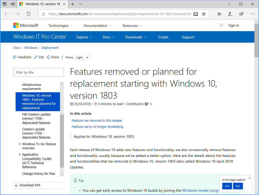 “Microsoft Docs”に掲載されている「Windows 10 April 2018 Update」で削除・非推奨となったアプリ・機能リスト
