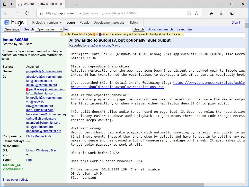 “Web Audio API”の自動再生ポリシー削除に伴うトラブルを報告した問題（issue）ページ