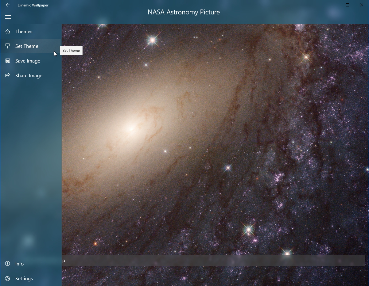 “NASA”のテーマ。現在の壁紙を手動で保存したり、共有することが可能